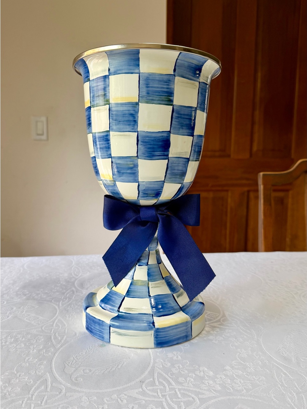 MacKenzie-Childs Blue and Cream Check Pedestal Vase with Navy Ribbon